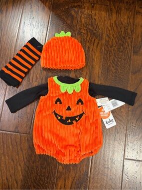 Baby Starters Orange Pumpkin Romper Set w/ Hat & Leg Warmers Size 3 Months